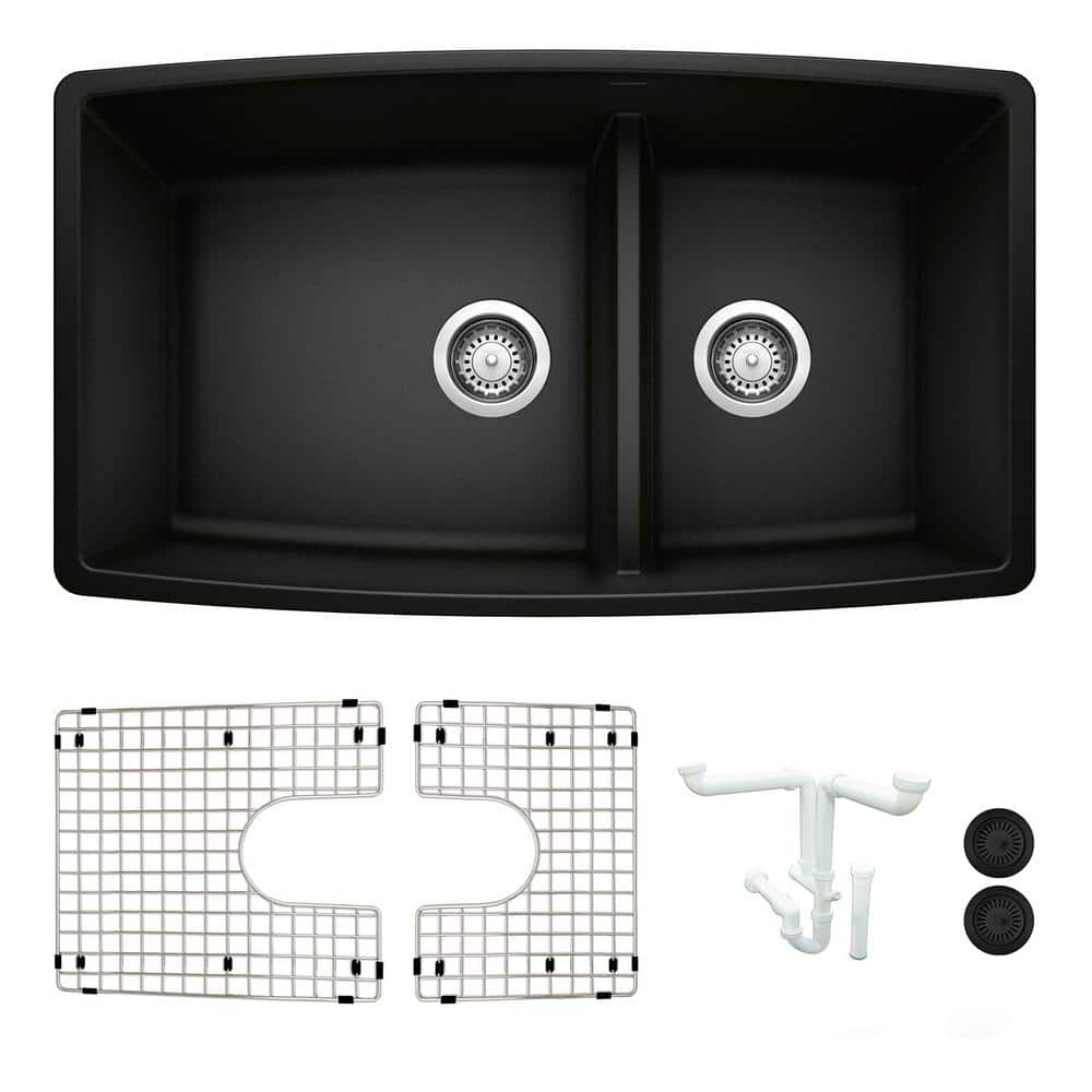 Performa 33 in. Undermount Double Bowl Coal Black Granite Composite Kitchen