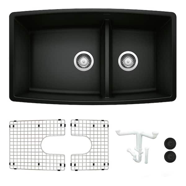 Performa 33 in. Undermount Double Bowl Coal Black Granite Composite Kitchen Sink Kit with Accessories