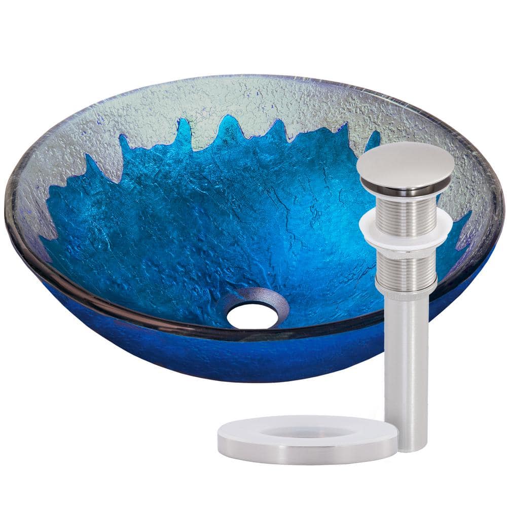 Novatto Diaccio Glass Round Vessel Sink in Hand Painted Blue with Drain