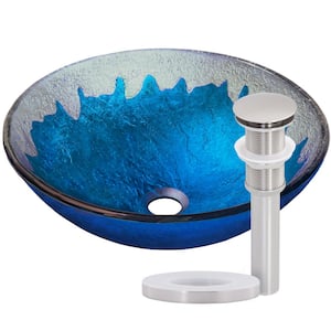 Diaccio Glass Round Vessel Sink in Hand Painted Blue with Drain in Brushed Nickel