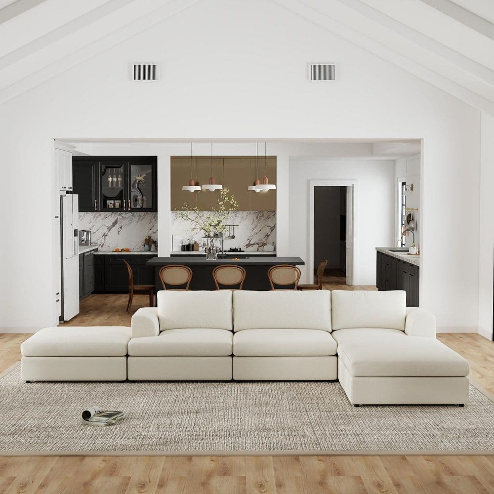 118 in. Flared Arm Boucle Fabric Modular Sectional Sofa U-shaped Deep Seat Couch with Detchable Covers,Ottomans in Beige