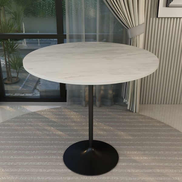 Verve 48" Bar Height Dining Table with White Marbleized Resin Top and Black Steel Pedestal Base