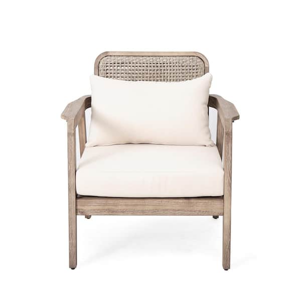 BOPOREA MEGO LLC Wood Outdoor Lounge Chair with Beige Cushions, Unique Criss-Cross Back Design for Porch, Garden, Backyard, or Balcony