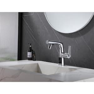 Single Handle Single Hole LED Temperature Display Bathroom Faucet with Pull-out Sprayer in Chrome