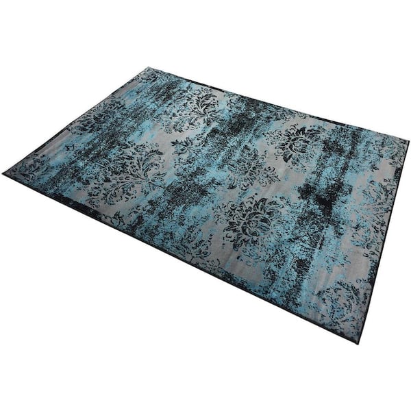 Studio Damask Silver and Aqua 8 ft. x 10 ft. French Synthetic Rectangle Area Rug