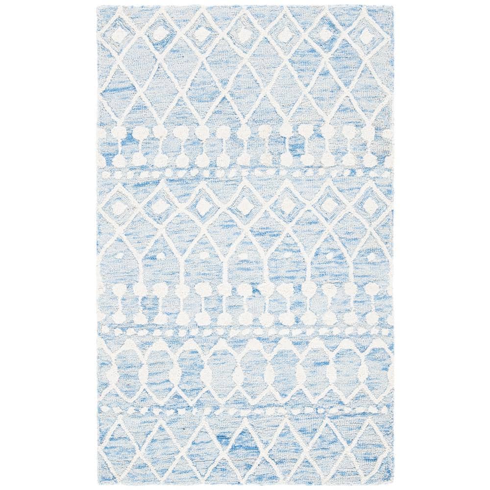 Blue Ivory 3' x 5' Handmade Wool Floral Area Rug