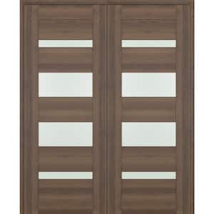 Vona 07-01 60 in. x 80 in. Both Active 4-Lite Frosted Glass Pecan Nutwood Wood Composite Double Prehung Interior Door