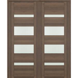 Vona 07-01 64 in. x 84 in. Both Active 4-Lite Frosted Glass Pecan Nutwood Wood Composite Double Prehung Interior Door