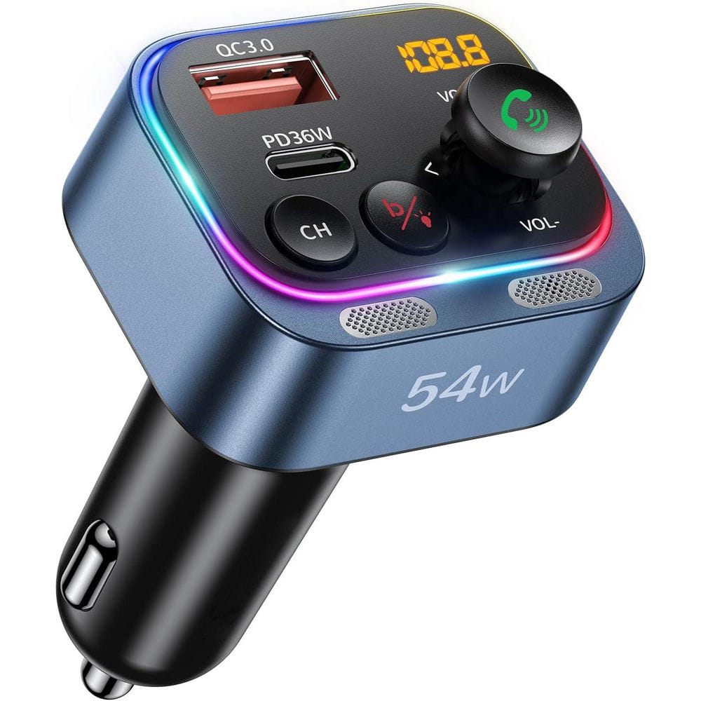 Bluetooth 5.4 FM Transmitter Car Adapter 54-Watt Fast Charging Dual Mics HiFi Deep Bass Wireless Receiver Blue price history on PriceWatchPro