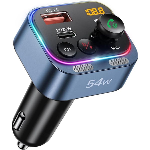OBJLGEV Bluetooth 5.4 FM Transmitter Car Adapter 54-Watt Fast Charging Dual Mics HiFi Deep Bass Wireless Receiver Blue