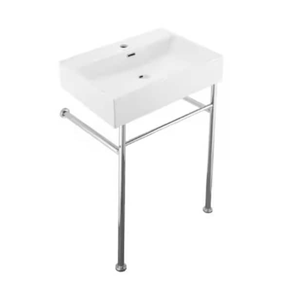 30 in. Ceramic White Single Bowl Console Sink Basin and Gold Legs Combo with Overflow