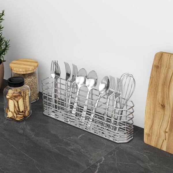 Silver Finish 304 Stainless Steel Utensil Holder with Hooks, 3 Compartments Silverware Drainer Basket, Rust Proof