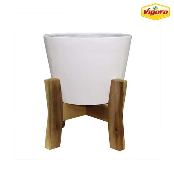 Vigoro 16 in. Shevlin Large White Resin Planter (16 in. W x 19.9 in. H) With Wood Stand