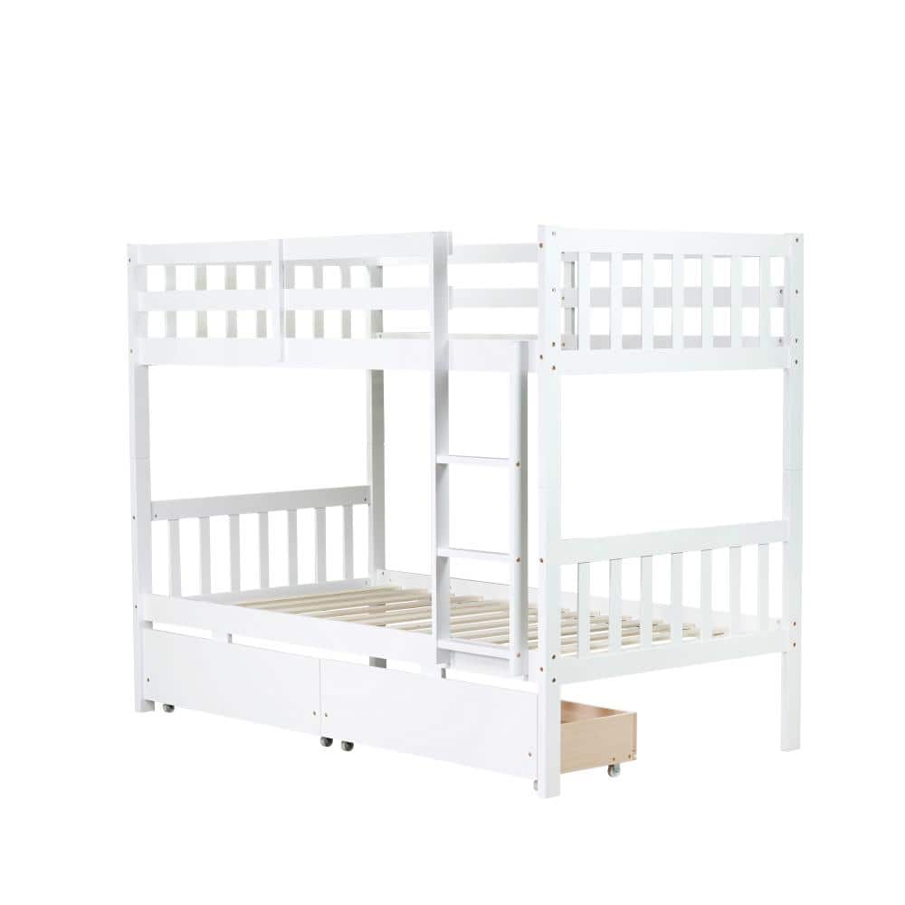 Nestfair White Wood Twin over Twin Bunk Bed with 2 Drawers and ...