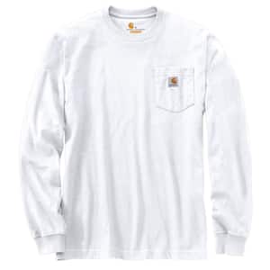 Men's 4 XL Tall White Cotton Loose Fit Heavyweight Long-Sleeve Pocket T-Shirt