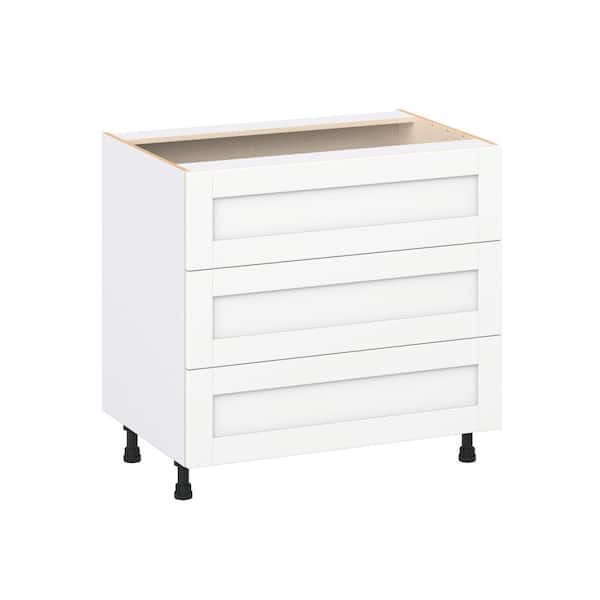 J COLLECTION Milton 36 in. W x 24 in D x 34.5 in H Assembled Shaker Cooktop Drawer Base Kitchen Cabinet in Bright White w 3 Drawers