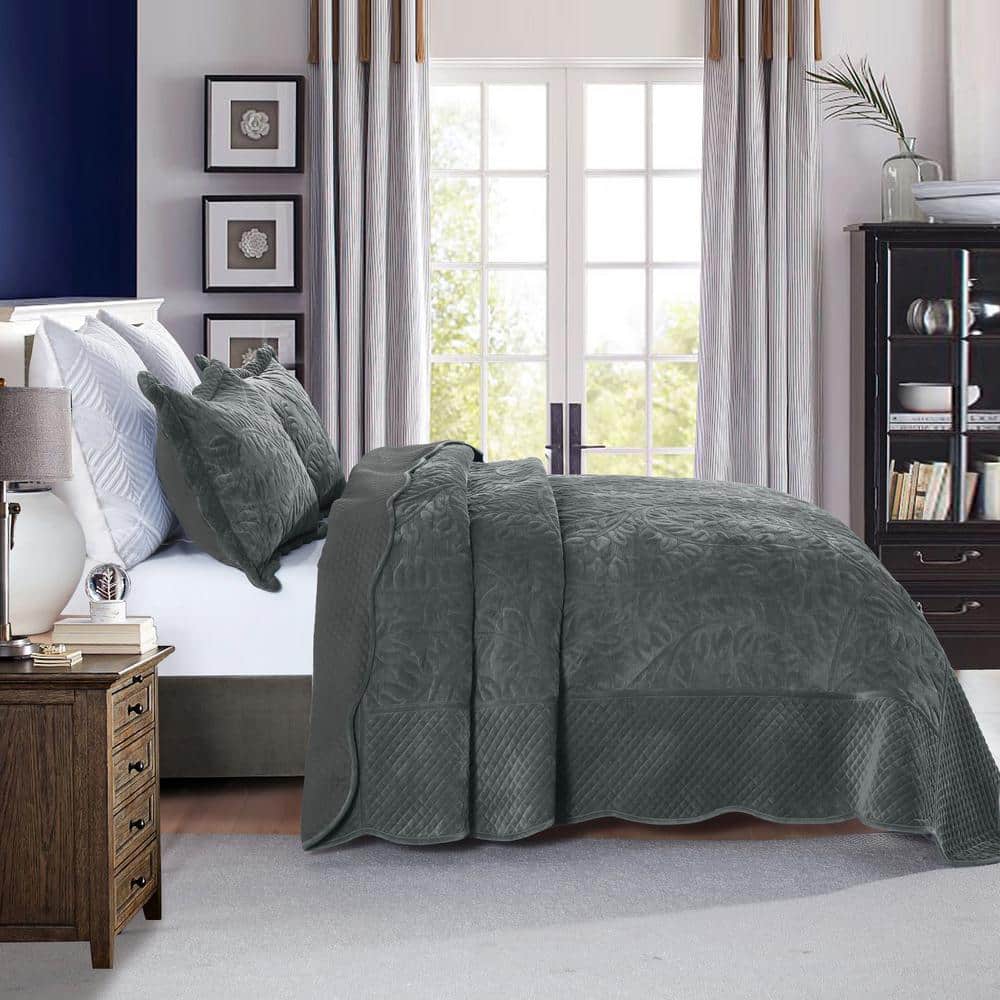 Dark Grey Queen Velvet Quilted 3-Piece Bedding Set