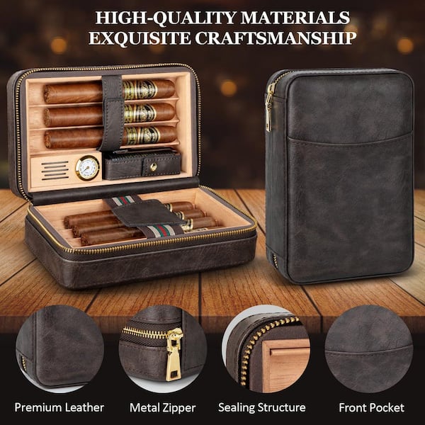 3.54 in X 8.27 in Portable Travel Leather Cigar Humidor Case with Cedar  Wood Tray, Hygrometer, Humidifier, Lighter 11AS59D006
