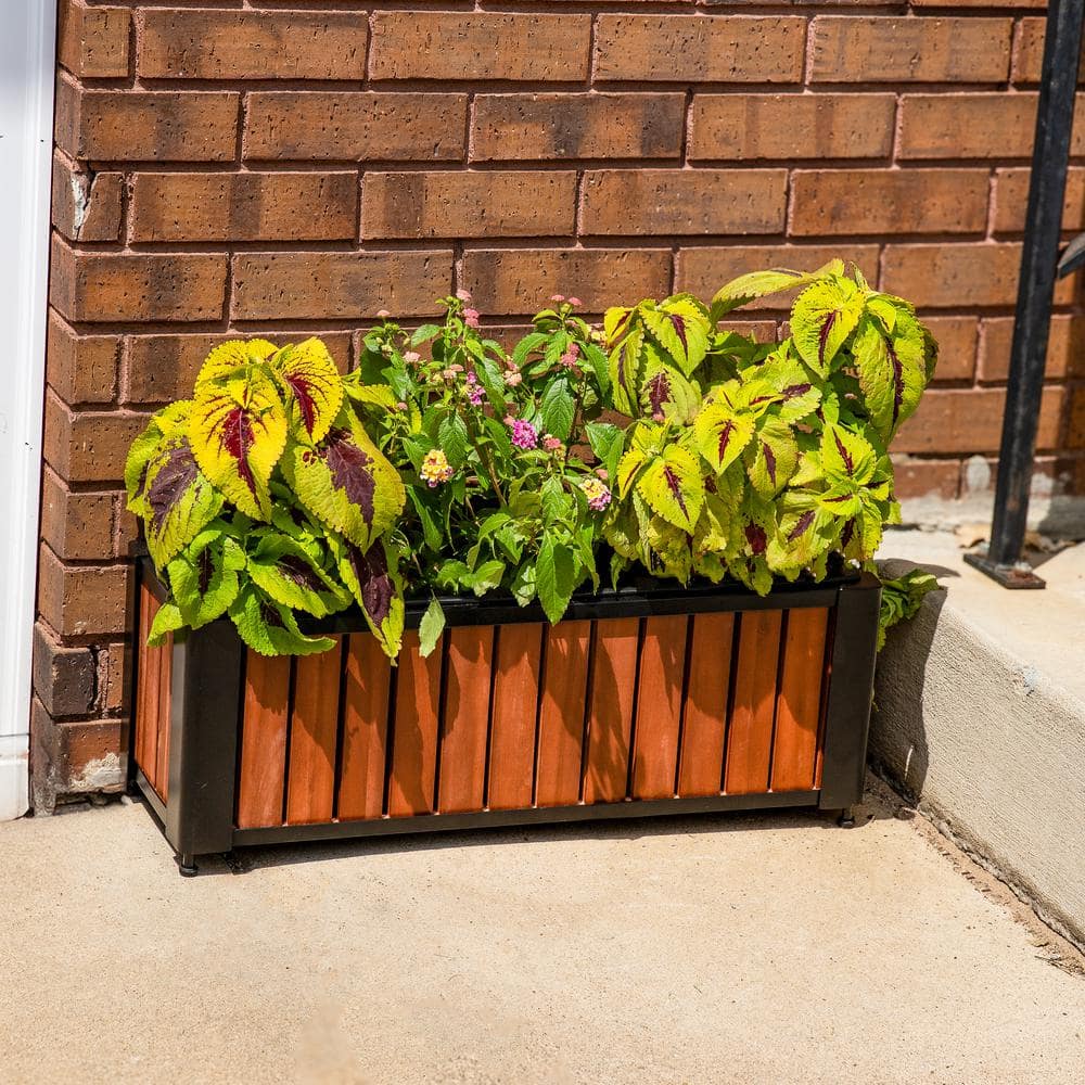24" Brown Acacia Wood and Black Steel Planter Box with Removable Insert