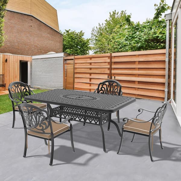 Elizabeth 5-Piece Cast Aluminum Outdoor Dining Set with 66.93 in. x 37.4 in. Rectangular Table and Brown Cushions