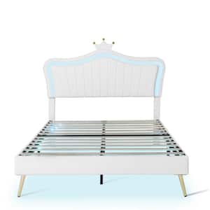 White Modern Princess Bed Wood Frame Queen Faux Upholstered Platform Bed with LED Light and Adjustable Crown Headboard