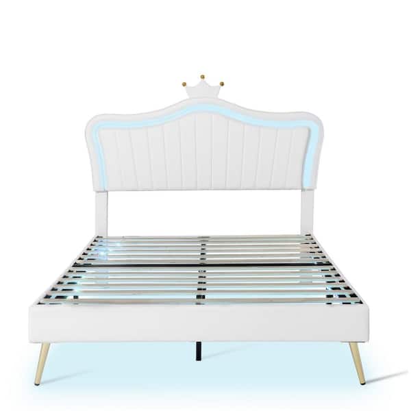 URTR White Modern Princess Bed Wood Frame Queen Faux Upholstered Platform Bed with LED Light and Adjustable Crown Headboard