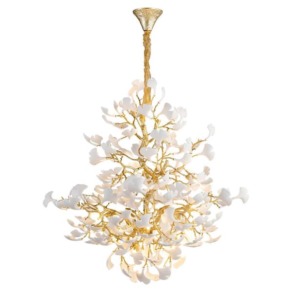 78. 7in. 18-Light Gold Staircase Chandelier, Luxury Ginkgo Chandelier for High-ceiling, Living Room, Foyer