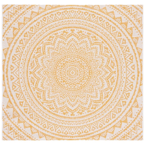 Courtyard Ivory/Gold 7 ft. x 7 ft. Medallion Indoor/Outdoor Square Area Rug