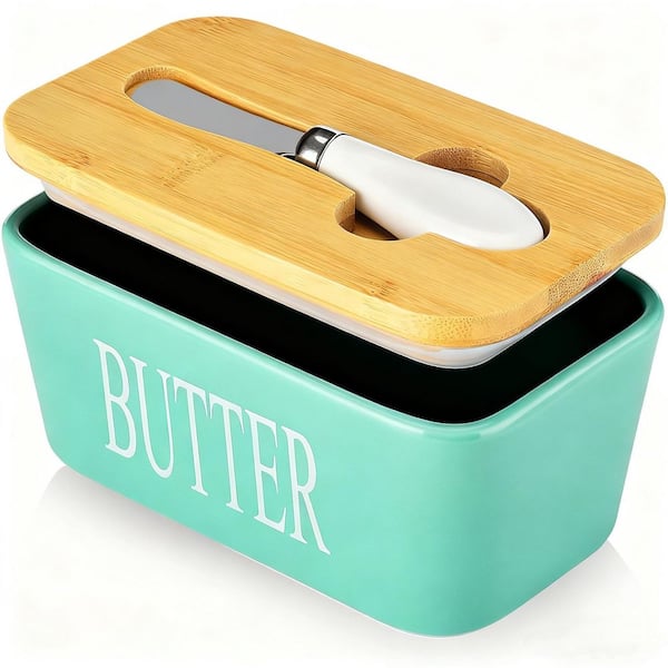 13.5 oz. Turquoise Ceramic Butter Dish with Lid and Knife, High-Quality Silicone Sealing Butter Dish for Countertop