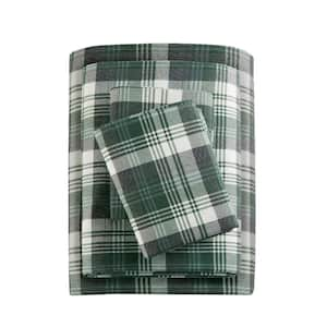 Cotton Flannel 4-Piece Green Plaid Queen Sheet Set