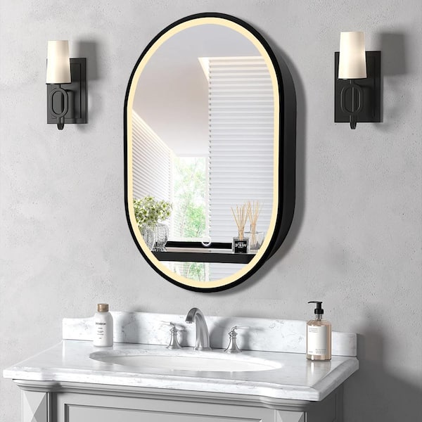 21 in. W x 31 in. H Oval Black Aluminium Anti-fog Medicine Cabinet with Mirror and 3 Adjustable Color Temperatures