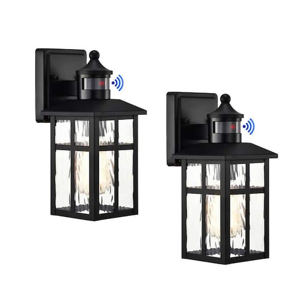 12 in. Matte Black 1-Light Motion Sensing Outdoor Wall Sconce with Dusk to Dawn and Water Wave Glass(2-Pack)