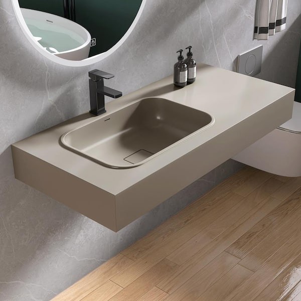 MEDUNJESS 47 in. x 22 in. x 6 in. Solid Surface Wall-Mounted Bathroom Vessel Sink in Light Gray with Faucet Hole and Overflow