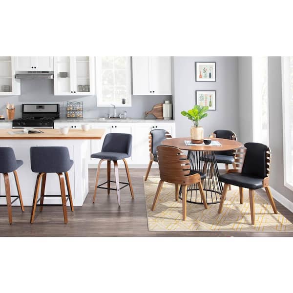 Toriano 26 in. Walnut and Blue Fabric Counter Stool with Black Square Footrest (Set of 2)