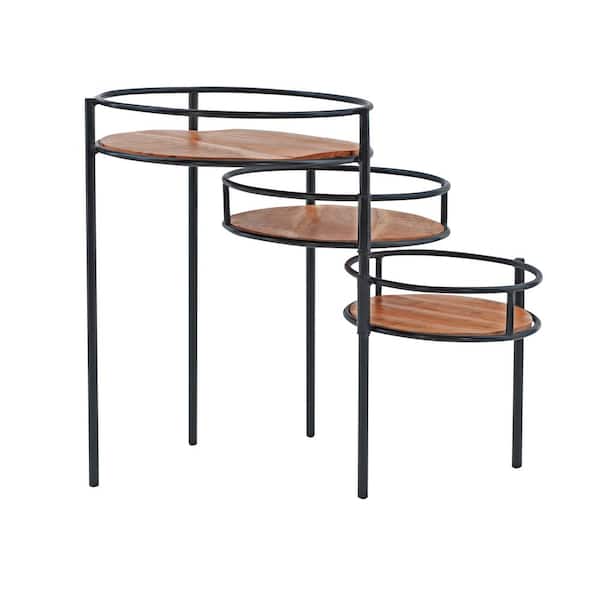 Josie 28 in. Natural Wood and Black Metal 3-Tiered Plant Stand