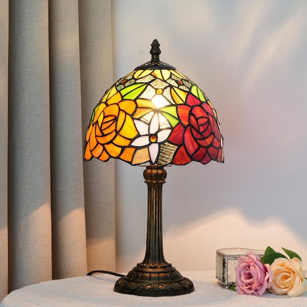 14 in. Multi-Colored Tiffany Style Bronze Finish Table Lamp with Rose Stained Glass Lamp Shade
