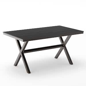 59 in. Black Rectangular Metal Outdoor Dining Table with X Legs and Plastic Wood Tabletop