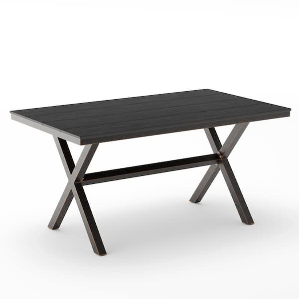 LUE BONA 59 in. Black Rectangular Metal Outdoor Dining Table with X Legs and Plastic Wood Tabletop