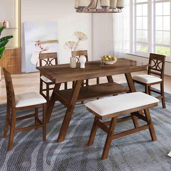 6-Piece Rustic Walnut Wood Top Dining Room Set with Bench and 4 Chairs Seats 5
