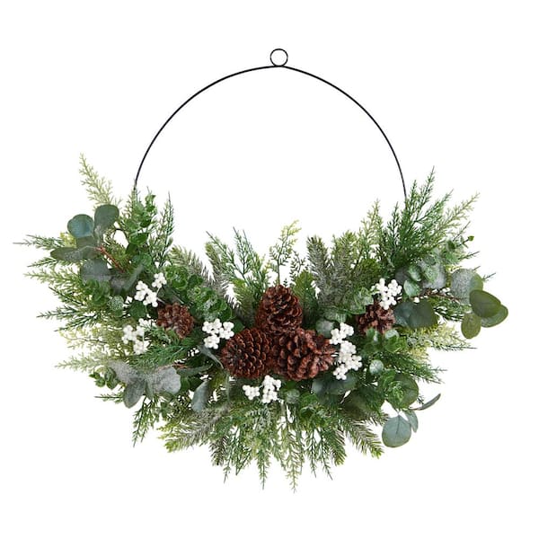 Nearly Natural 28 in. Unlit Christmas Pine, Eucalyptus and Berries Metal Circlet Artificial Wreath