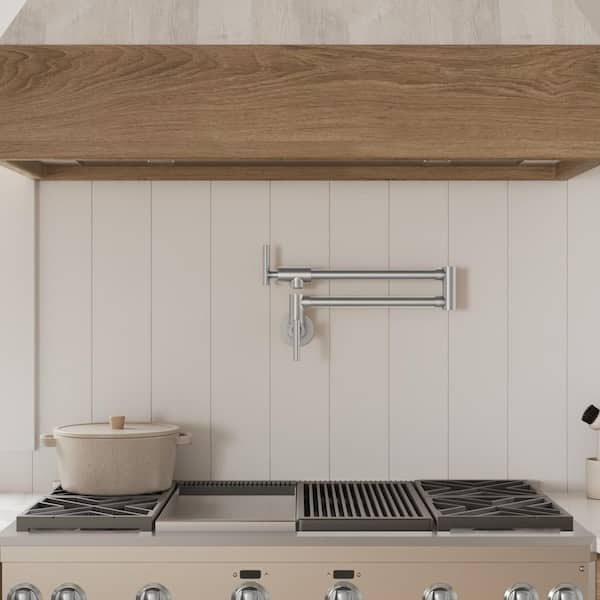 25.25 in. Extended Reach Wall Mount Pot Filler Kitchen Faucet 2-Handle with Dual Swivel Arms in Brushed Nickel