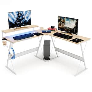 55.25 in. Beige Oak L Shaped Gaming Desk with Monitor Stand Reversible Computer Desk