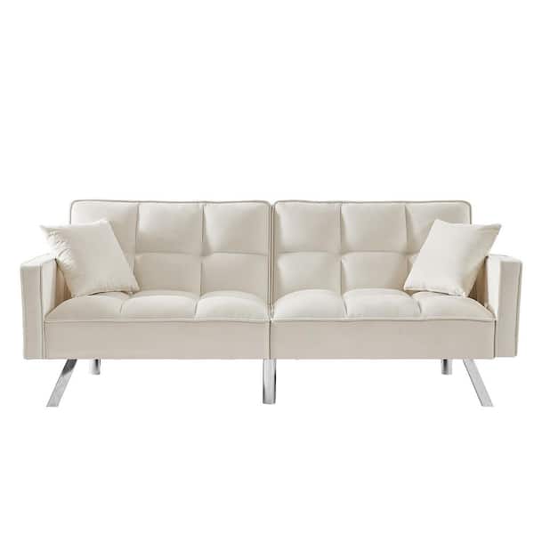 74 41 In White Velvet Twin Sleeper Size Sofa Bed Couch With Armrests And 2 Pillows P S202200354 Sofa Bed Velvet Couch, White Velvet Convertible Sofa