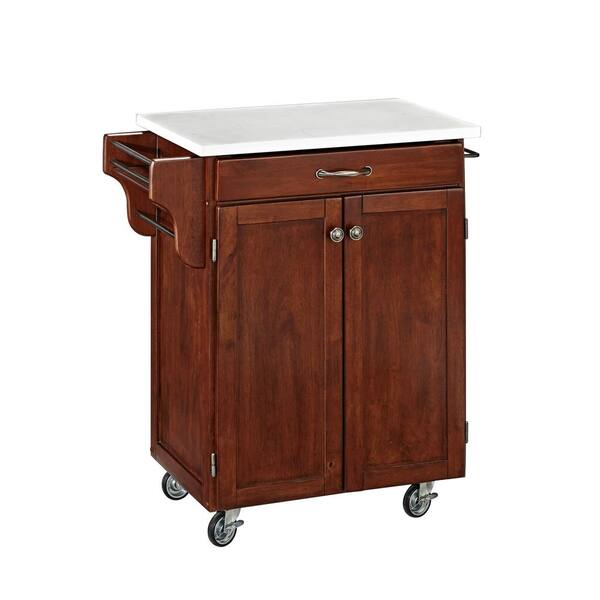 HOMESTYLES Cuisine Cart Cherry Kitchen Cart with White Quartz Top