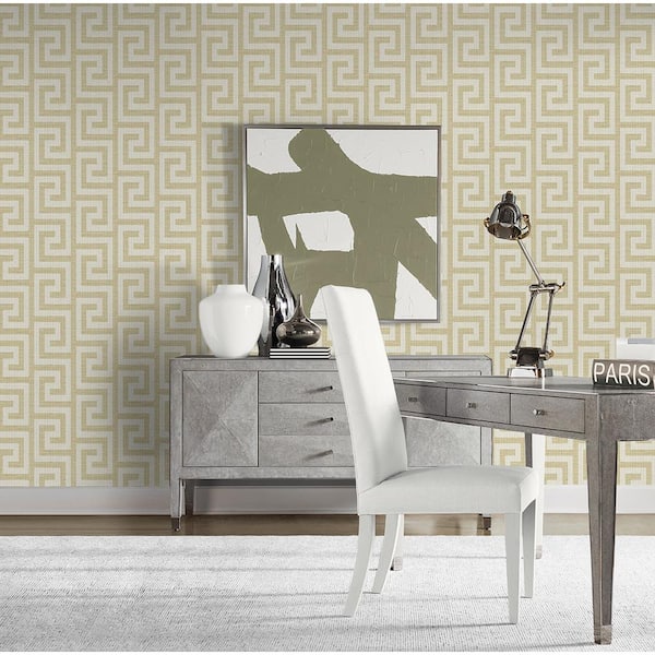 60.75 sq. ft. Coastal Haven Golden Luna Retreat Greek Key Embossed Vinyl Unpasted Wallpaper Roll