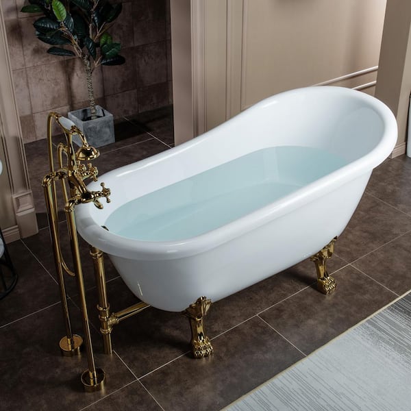 Dover 54 in. Heavy Duty Acrylic Slipper Clawfoot Bath Tub in White Faucet,  Claw Feet, Drain & Overflow in Polished Gold