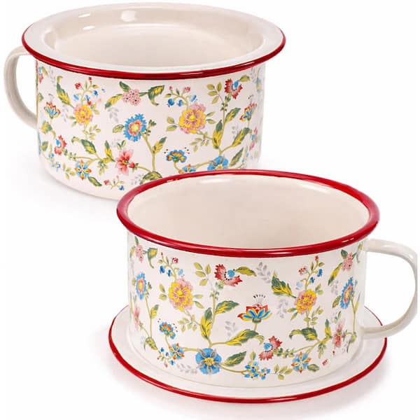 2-Pack Red Rim Enamel Noodle Bowl Set with Lid and Handle, 40 oz. Steel, Vintage, Induction Gas Compatible