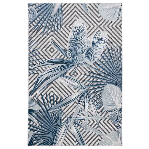 Cabana Ivory/Navy 6 ft. x 10 ft. High-Low Diamond Leaf Indoor/Outdoor Area Rug