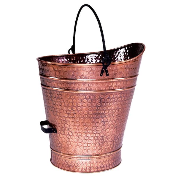 Traditional Galvanized Steel Round Large Pellet Bucket w/ Handles, 18 in. Tall, Copper