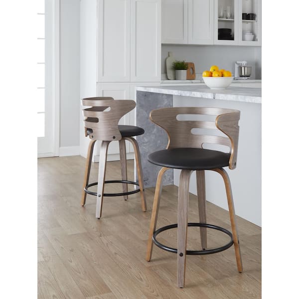 Cosi 23.25 in. Black Faux Leather, Light Grey Wood and Black Metal Fixed-Height Counter Stool (Set of 2)